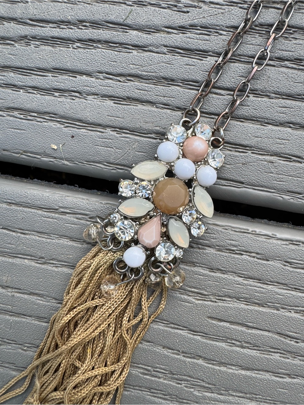 NY&CO Neutral Jeweled Beaded Neutral Tan Fringe Long Pendant Necklace